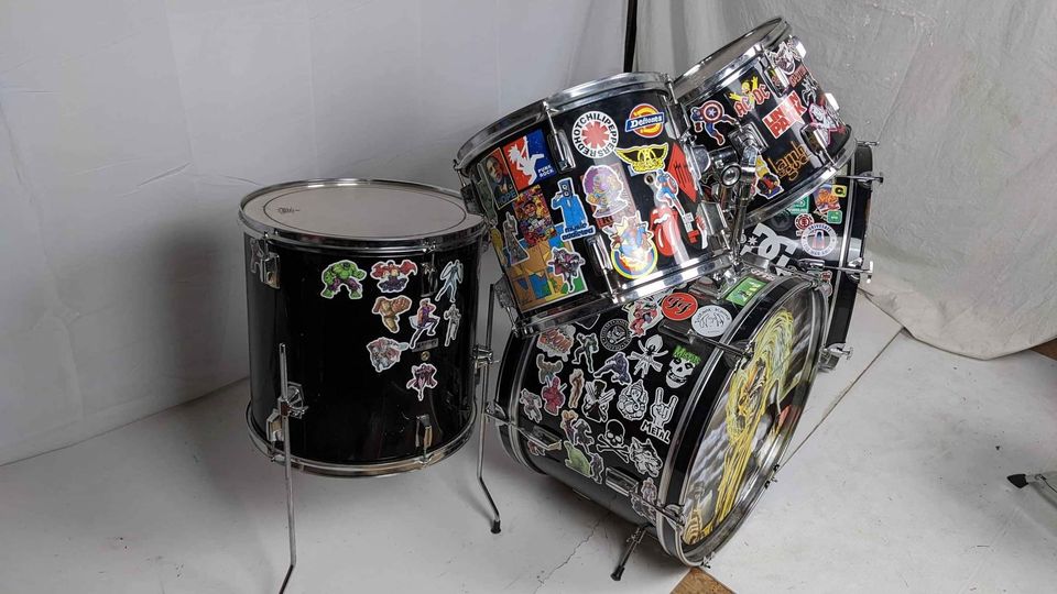 Yamaha snare, Westbury Stickerbombed drum kit with two bass drums